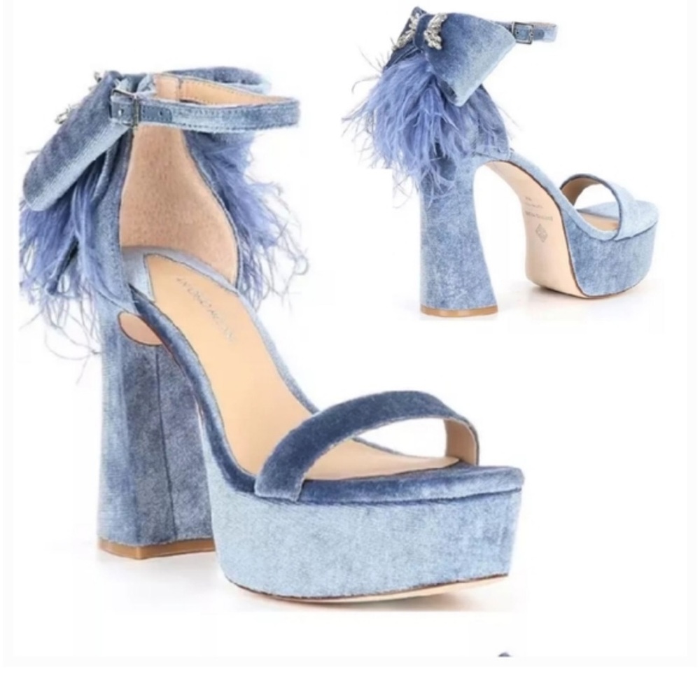 Antonio Melani Janie Velvet Platform Dress Sandals Feather Rhinestone
